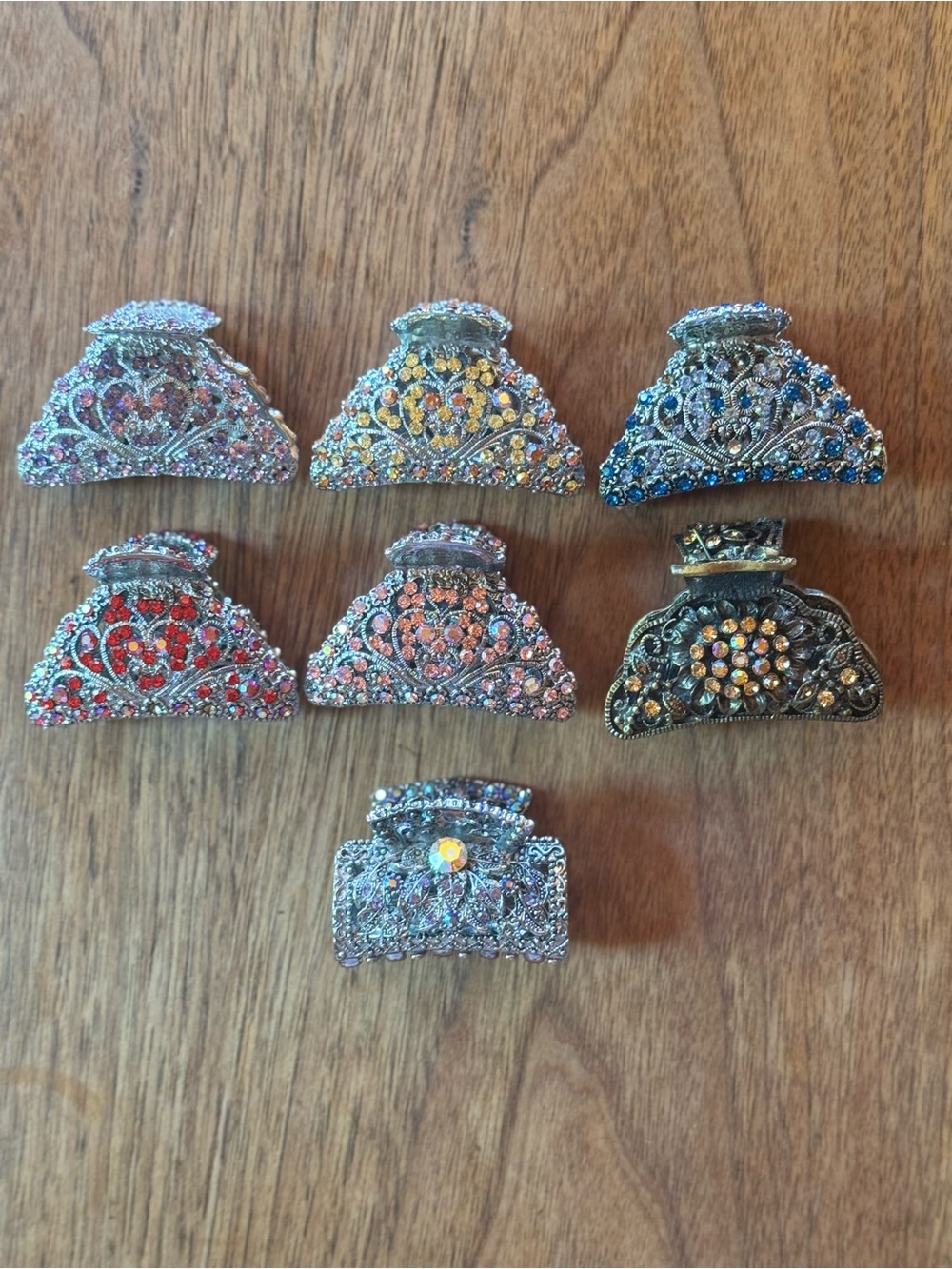 Set of 7 Vintage Style Rhinestone Filigree Metal Hair Claw Clips